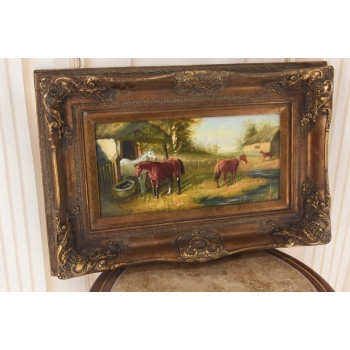 Stado Koni Przy Stajni - Konie Koniki - Koń Scena Rodzajowa Obraz Olejny