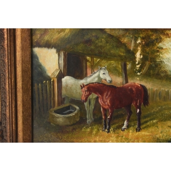Stado Koni Przy Stajni - Konie Koniki - Koń Scena Rodzajowa Obraz Olejny