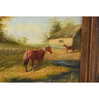 Stado Koni Przy Stajni - Konie Koniki - Koń Scena Rodzajowa Obraz Olejny