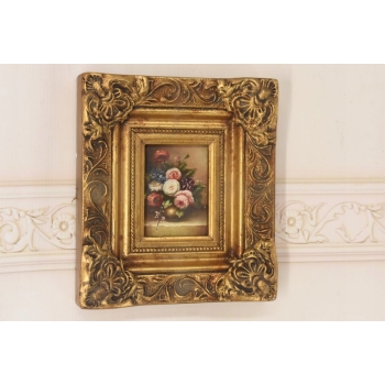 Kwiaty w Wazonie - Martwa Natura - Kwiat - Obraz Olejny Złota Zdobiona Rama