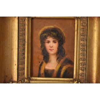 Portret Kobiety w Kapeluszu - Dziewczyna - Obraz Olejny Złota Zdobiona Rama