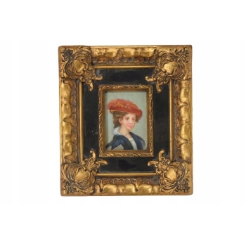 Portret Kobiety w Czerwonym Kapeluszu - Obraz Olejny Złoto Czarna Rama