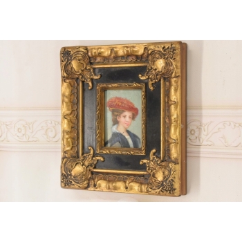 Portret Kobiety w Czerwonym Kapeluszu - Obraz Olejny Złoto Czarna Rama