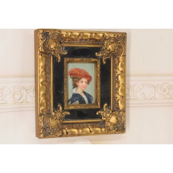 Portret Kobiety w Czerwonym Kapeluszu - Obraz Olejny Złoto Czarna Rama