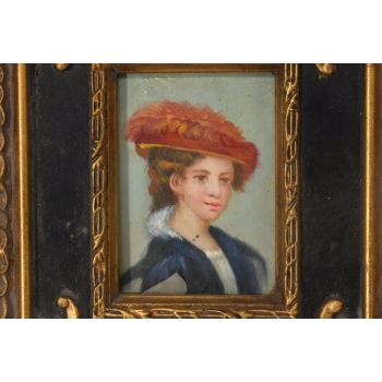 Portret Kobiety w Czerwonym Kapeluszu - Obraz Olejny Złoto Czarna Rama