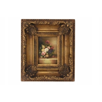 Martwa Natura - Kolorowe Kwiaty w Wazonie Obraz Olejny Złota Zdobiona Rama