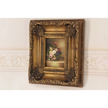 Martwa Natura - Kolorowe Kwiaty w Wazonie Obraz Olejny Złota Zdobiona Rama