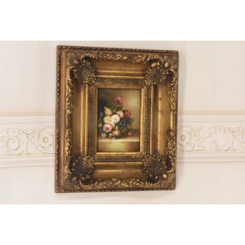 Martwa Natura - Kolorowe Kwiaty w Wazonie Obraz Olejny Złota Zdobiona Rama