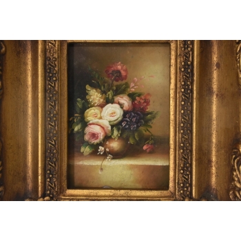 Martwa Natura - Kolorowe Kwiaty w Wazonie Obraz Olejny Złota Zdobiona Rama