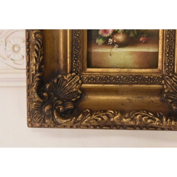 Martwa Natura - Kolorowe Kwiaty w Wazonie Obraz Olejny Złota Zdobiona Rama