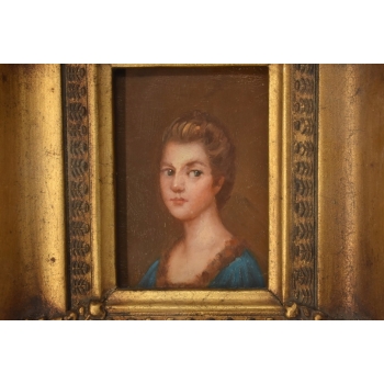 Portret Kobiety w Niebieskiej Sukience - Obraz Olejny - Złota Zdobiona Rama