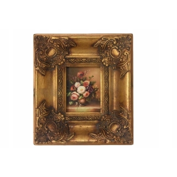 Kolorowe Kwiaty w Wazonie - Martwa Natura Obraz Olejny Złota Zdobiona Rama