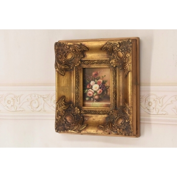 Kolorowe Kwiaty w Wazonie - Martwa Natura Obraz Olejny Złota Zdobiona Rama