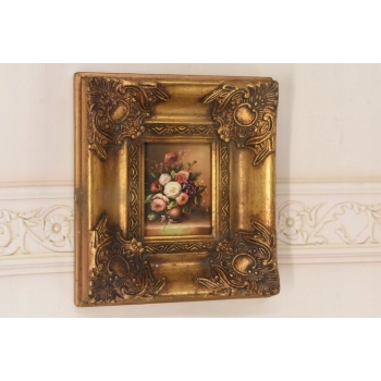 Kolorowe Kwiaty w Wazonie - Martwa Natura Obraz Olejny Złota Zdobiona Rama