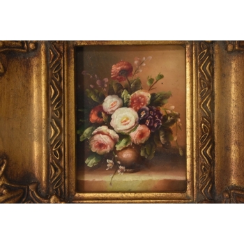 Kolorowe Kwiaty w Wazonie - Martwa Natura Obraz Olejny Złota Zdobiona Rama