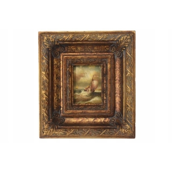 Okręt Na Wzburzonym Morzu - Statek Łódź - Obraz Marynistyczny - Złota Rama