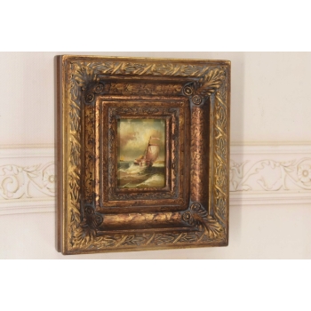 Okręt Na Wzburzonym Morzu - Statek Łódź - Obraz Marynistyczny - Złota Rama