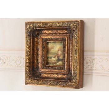 Okręt Na Wzburzonym Morzu - Statek Łódź - Obraz Marynistyczny - Złota Rama