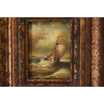 Okręt Na Wzburzonym Morzu - Statek Łódź - Obraz Marynistyczny - Złota Rama