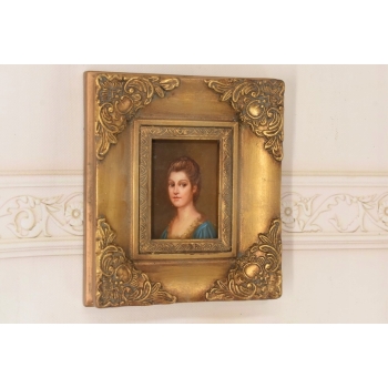 Portret Kobiety - Dama w Sukni - Obraz Olejny - Złota Zdobiona Rama