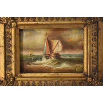 Okręt w Czasie Sztormu - Statek Łódź - Obraz Marynistyczny - Złota Rama