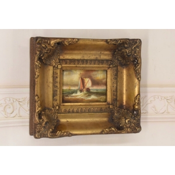 Okręt w Czasie Sztormu - Statek Łódź - Obraz Marynistyczny - Złota Rama