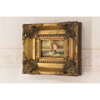 Okręt w Czasie Sztormu - Statek Łódź - Obraz Marynistyczny - Złota Rama