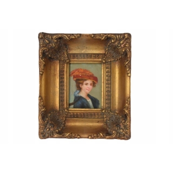 Portret Kobiety w Czerwonym Kapeluszu - Obraz Olejny Złota Zdobiona Rama