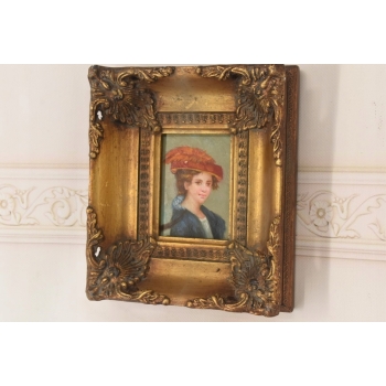 Portret Kobiety w Czerwonym Kapeluszu - Obraz Olejny Złota Zdobiona Rama