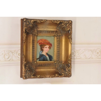Portret Kobiety w Czerwonym Kapeluszu - Obraz Olejny Złota Zdobiona Rama