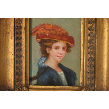 Portret Kobiety w Czerwonym Kapeluszu - Obraz Olejny Złota Zdobiona Rama