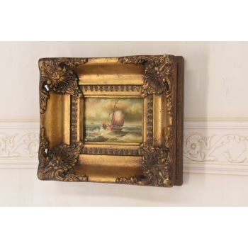 Okręt w Czasie Sztormu - Statek Łódź - Obraz Marynistyczny - Złota Rama