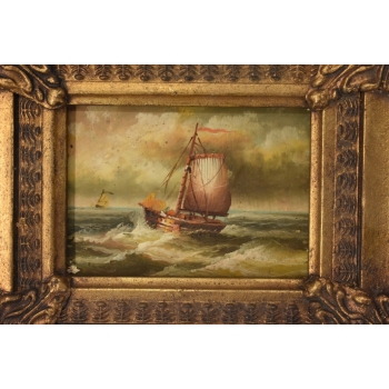Okręt w Czasie Sztormu - Statek Łódź - Obraz Marynistyczny - Złota Rama
