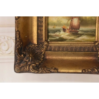 Okręt w Czasie Sztormu - Statek Łódź - Obraz Marynistyczny - Złota Rama