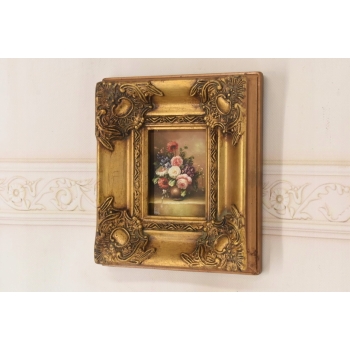 Martwa Natura - Kolorowe Kwiaty w Wazonie Obraz Olejny Złota Zdobiona Rama