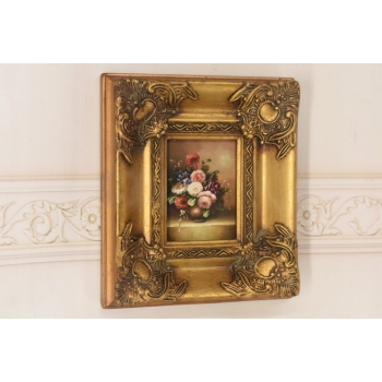 Martwa Natura - Kolorowe Kwiaty w Wazonie Obraz Olejny Złota Zdobiona Rama