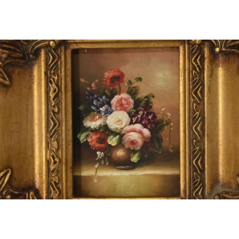 Martwa Natura - Kolorowe Kwiaty w Wazonie Obraz Olejny Złota Zdobiona Rama