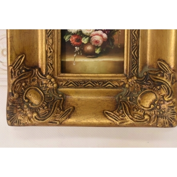 Martwa Natura - Kolorowe Kwiaty w Wazonie Obraz Olejny Złota Zdobiona Rama