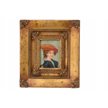 Portret Kobiety w Czerwonym Kapeluszu - Obraz Olejny Złota Zdobiona Rama