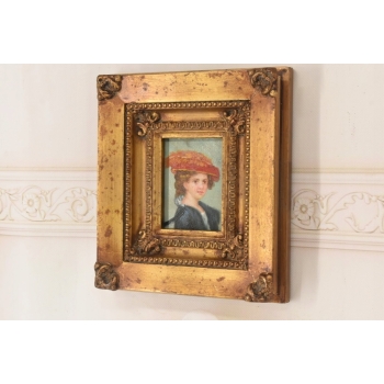 Portret Kobiety w Czerwonym Kapeluszu - Obraz Olejny Złota Zdobiona Rama