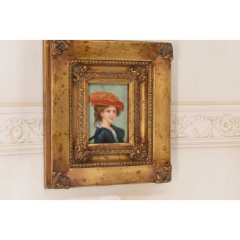 Portret Kobiety w Czerwonym Kapeluszu - Obraz Olejny Złota Zdobiona Rama