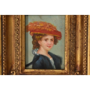 Portret Kobiety w Czerwonym Kapeluszu - Obraz Olejny Złota Zdobiona Rama