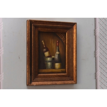 Dwie Butelki Włoskiego Wina - Wino - Obraz Olejny - Złota Zdobiona Rama