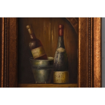 Dwie Butelki Włoskiego Wina - Wino - Obraz Olejny - Złota Zdobiona Rama