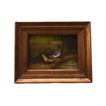 Dwie Kaczki Przy Wodopoju - Kaczka Kaczor - Obraz Olejny - Złota Rama