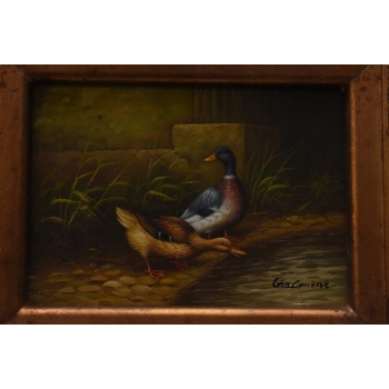 Dwie Kaczki Przy Wodopoju - Kaczka Kaczor - Obraz Olejny - Złota Rama