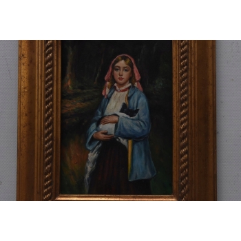 Portret Kobiety - Kobieta z Małym Pieskiem - Obraz Olejny - Złota Rama