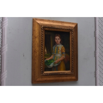 Dziewczynka w Żółto Niebieskiej Sukience - Portret Kobiety - Obraz Olejny