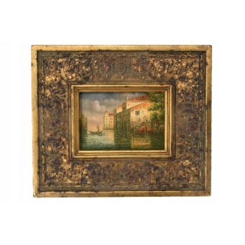 Włoski Pejzaż - Rzeka Gondola w Wenecji - Obraz Olejny - Zdobiona Rama