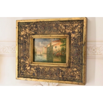 Włoski Pejzaż - Rzeka Gondola w Wenecji - Obraz Olejny - Zdobiona Rama